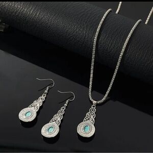 3pcs Necklace Earrings Set Vintage Style Blue Crystal Inlaid Turquoise #139